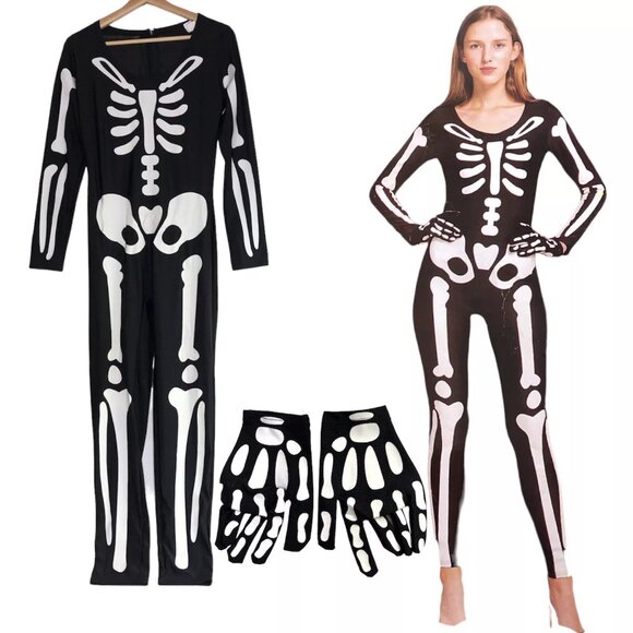 Dresses & Skirts - Spooktacular Creations Halloween Costume L Skeleton Jumpsuit Gloves Glow In Dark